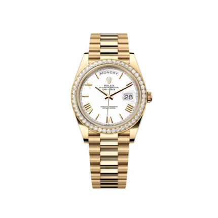 RLX Day-Date "President" 40mm Yellow Gold White Roman Dial Diamond Bezel - 228348rbr
