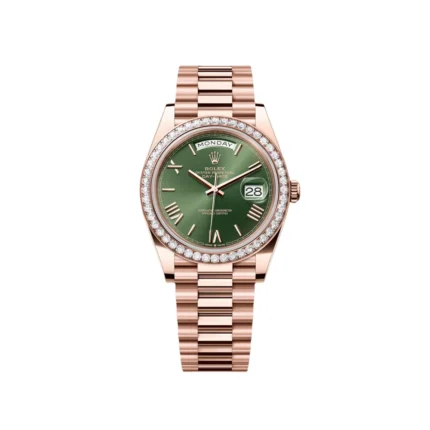 RLX "President" 40mm Everose Gold Olive Green Roman Dial Diamond Bezel - 228345RBR
