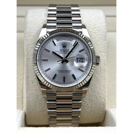 RLX Day-Date "President" 40mm White Gold Silver Diamond Baguette Dial - 228239