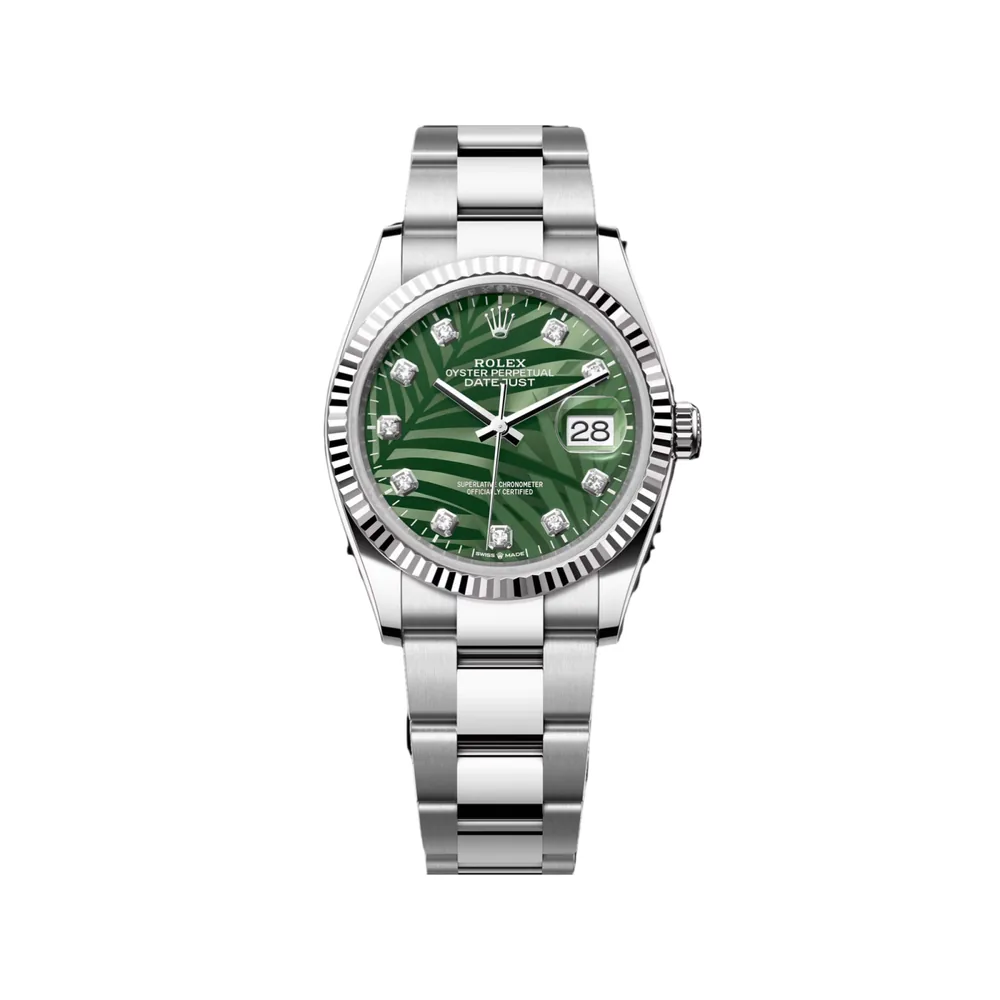 P0391-1 RLX Datejust 36mm 126234 Olive Green Palm Motif Diamond Dial Jubilee Stainless Steel Watch - Image 1