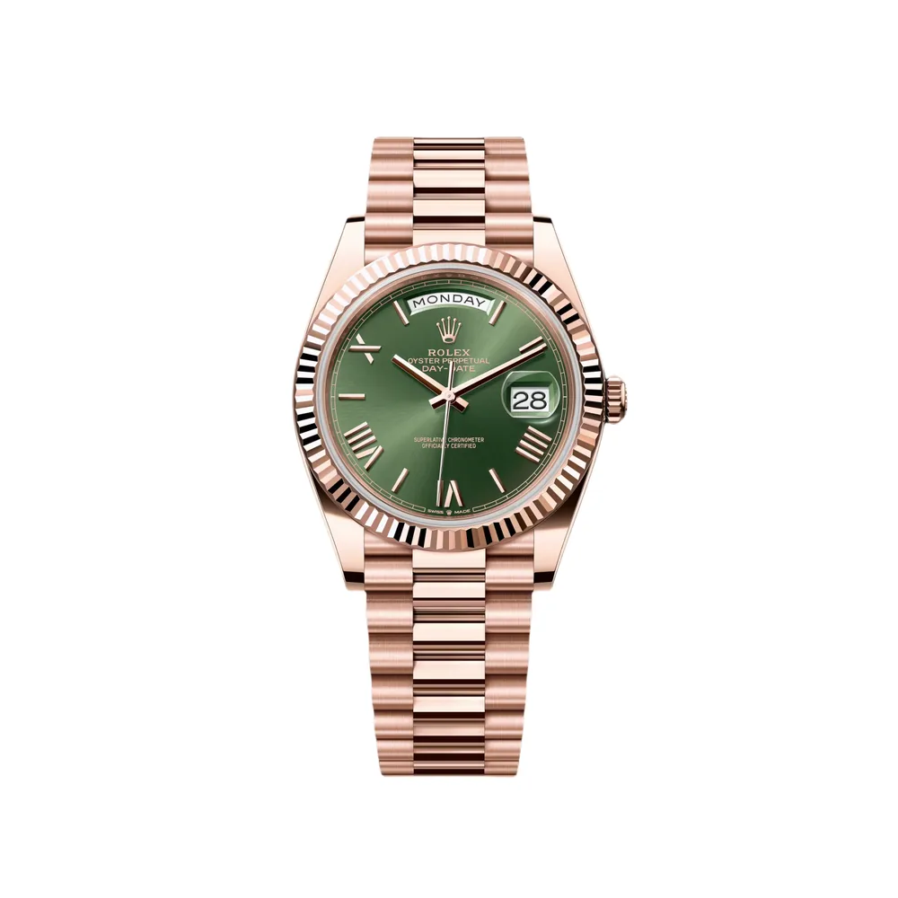 P0449-1 RLX Day-Date "President" 36mm Everose Gold Olive Green Roman Dial 128235 - Image 1