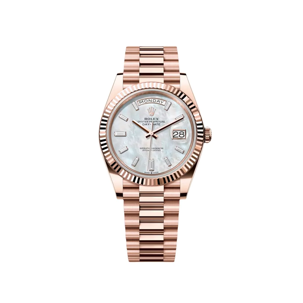 P0506-1 RLX Day-Date "President" 40mm Everose Gold Mother of Pearl Diamond Baguette Dial - 228235 - Image 1