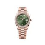 RLX "President" 40mm Everose Gold Olive Green Roman Dial Diamond Bezel - 228345RBR