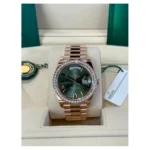 RLX "President" 40mm Everose Gold Olive Green Roman Dial Diamond Bezel - 228345RBR - Image 2
