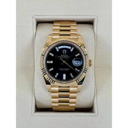 RLX Yellow Gold President Day Date 40mm Black Diamond Baguette Dial - 228238